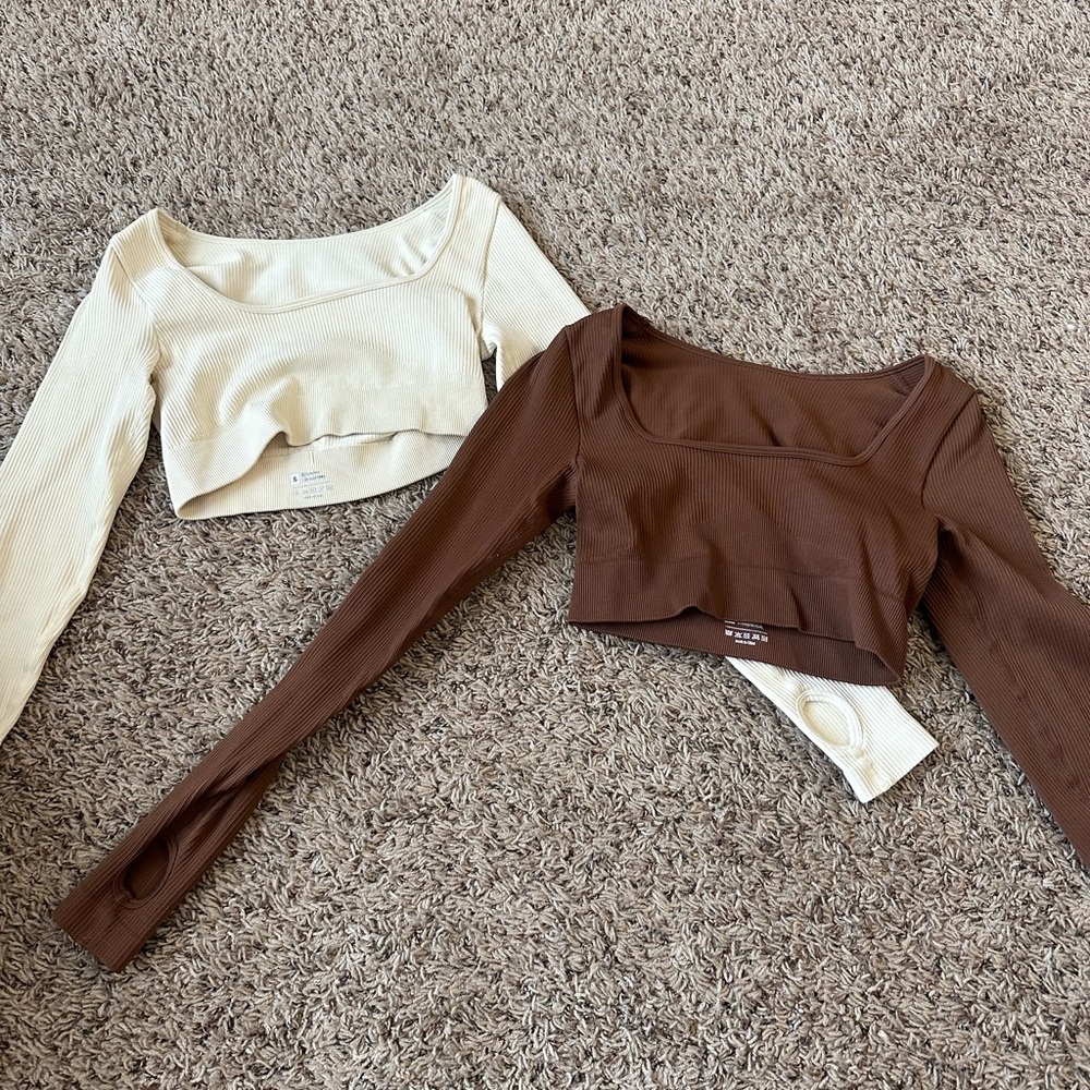 Women's Cream and Brown Long Sleeve Crop Tops Bundle